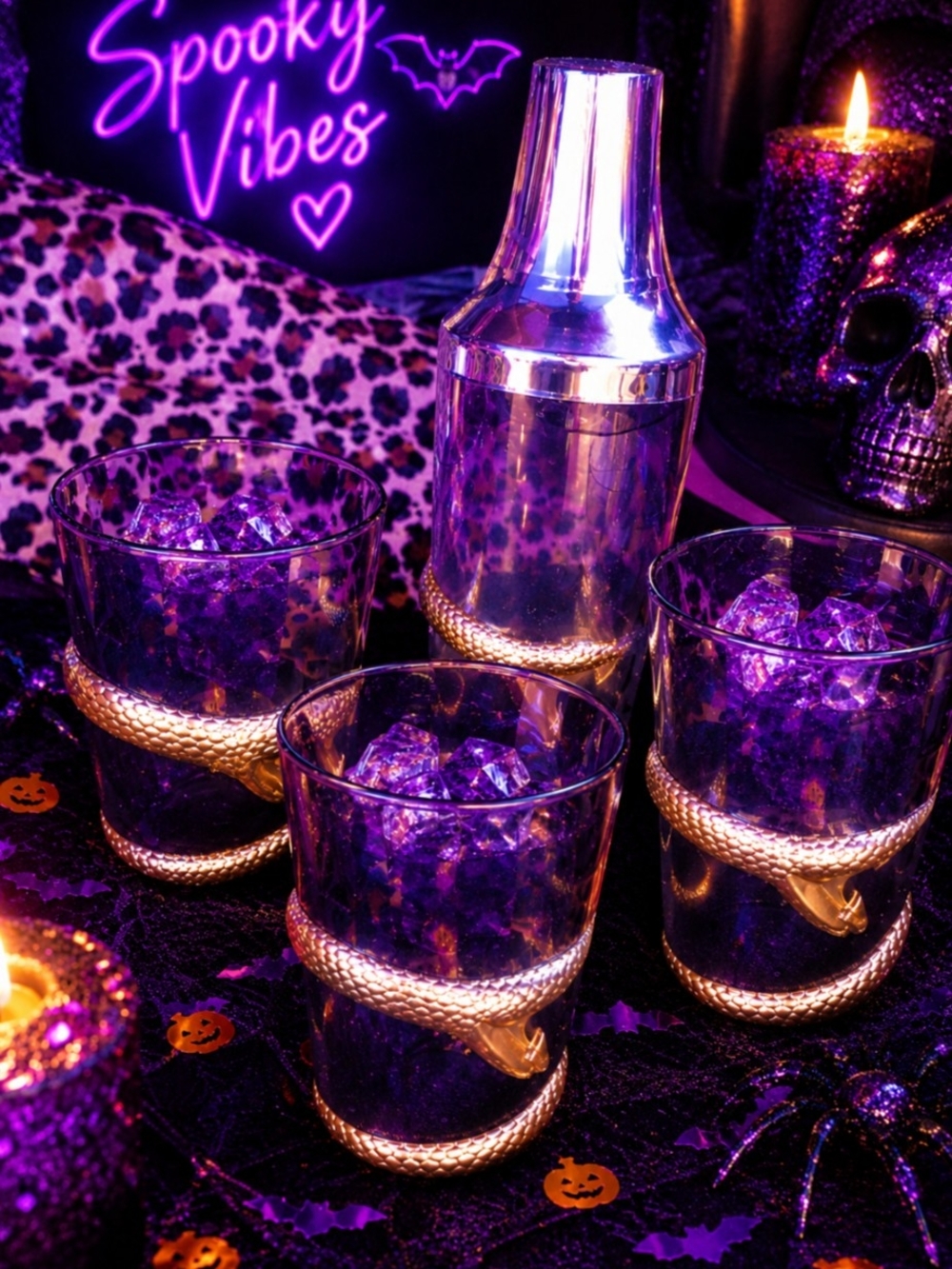 Gold Snake Wrapped, Clear Black Cocktail Shaker And Matching Cup Set-4 Pc